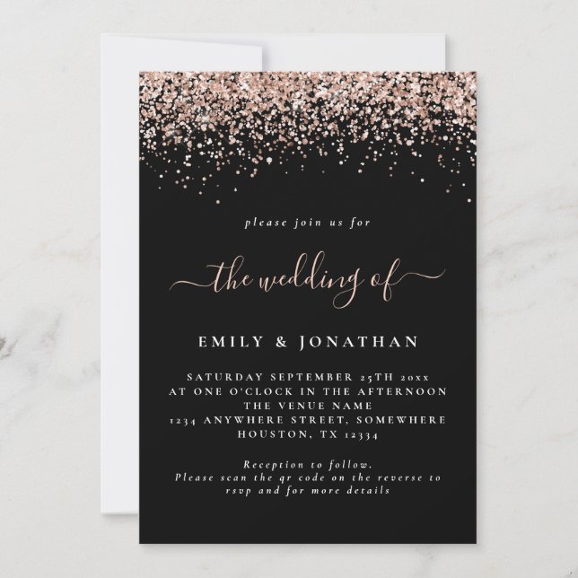 Glam Rose Gold Glitter QR Code Black Wedding Invitation (Front)