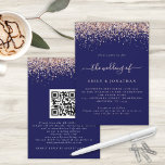 Glam Rose Gold Glitter QR Code Navy Blush Wedding Invitation<br><div class="desc">Glam Rose Gold Glitter QR Code Navy Blush Wedding. A border of rose gold faux glitter is on each side, and The Wedding Of in a handwriting style script in soft blush pink with a navy blue background. Easily personalise the text to your own details. Replace the sample QR code...</div>