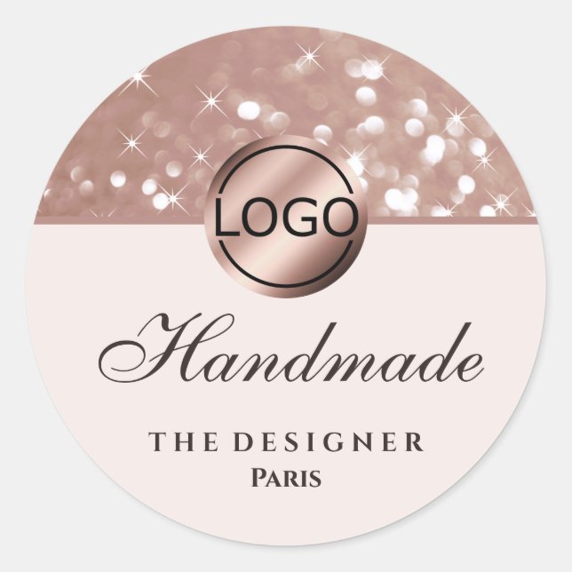 Glam Rose Gold Glitter Sparkle Stars Logo Handmade Classic Round Sticker (Front)