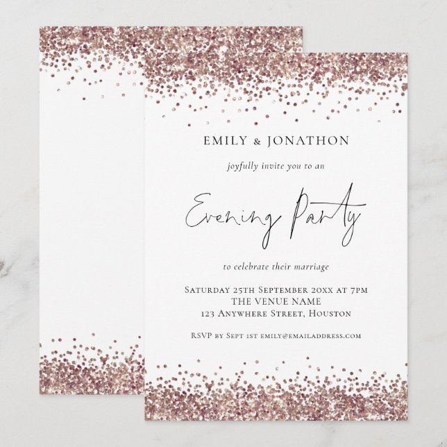 Glam Rose Gold Glitter Wedding Evening Party Invitation (Front/Back)
