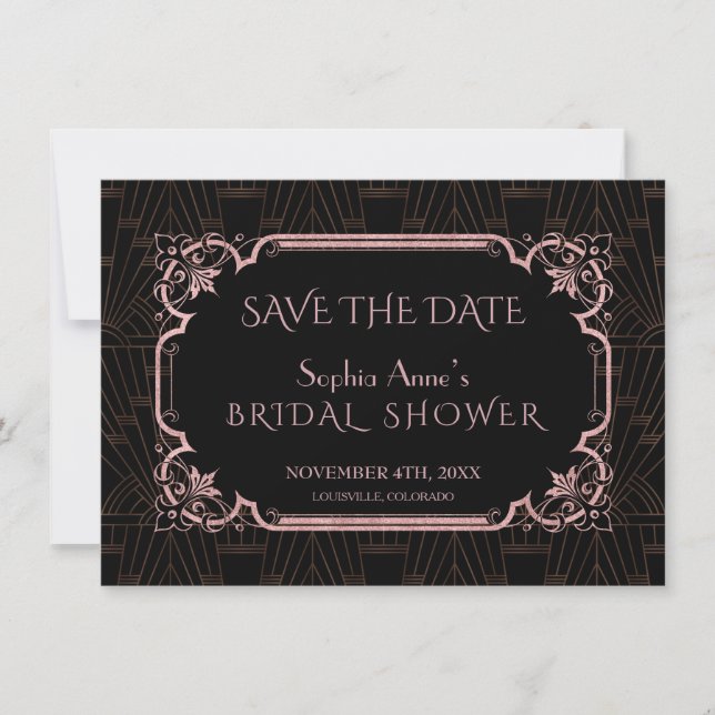 Glam Rose Gold Great Gatsby 20s Bridal Shower Save The Date (Front)