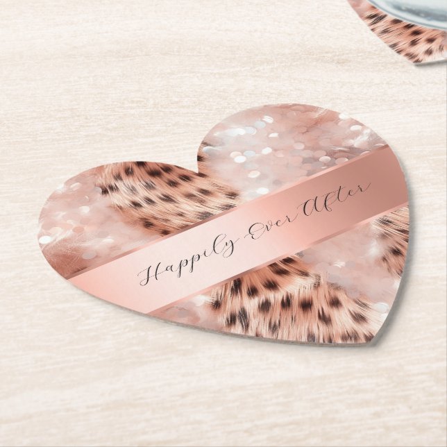 Glam Rose Gold Leopard Wedding Paper Coaster (Angled)
