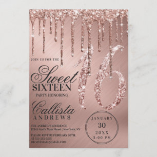Glam Rose Gold Metallic Glitter Drips Sweet 16 Invitation