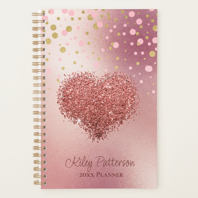 Glam Rose Gold Pink Glitter Heart Girly Planner (Front)