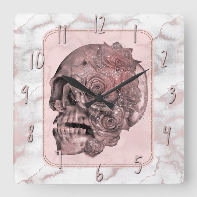 Glam Rose Gold Pink Skull Marble Square Wall Clock (Front)