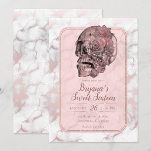 Glam Rose Gold Pink Skull Marble Sweet 16 Invitation