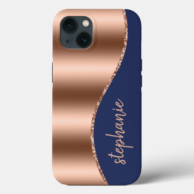 Glam Rose Gold Signature Faux Foil Wave Navy Blue Case-Mate iPhone Case (Back)