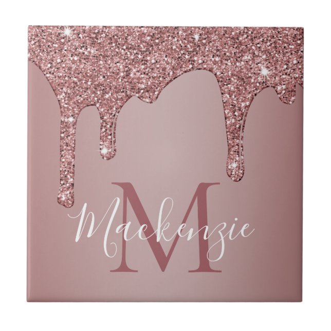 Glam Rose Gold Sparkle Glitter Drips Monogram Tile (Front)