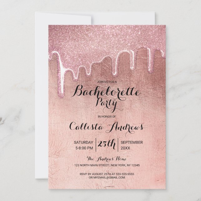 Glam Rose Gold Thick Glitter Drips Bachelorette Invitation (Front)
