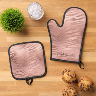 Glam Rose Gold Zebra Print Oven Mitt & Pot Holder Set