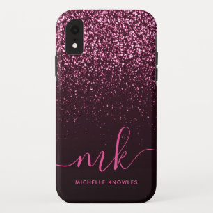 Glam Rose Pink Glitter Modern Script Monogram Name iPhone XR Case