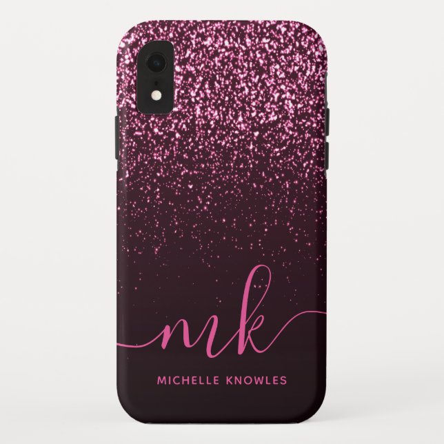 Glam Rose Pink Glitter Modern Script Monogram Name Case-Mate iPhone Case (Back)