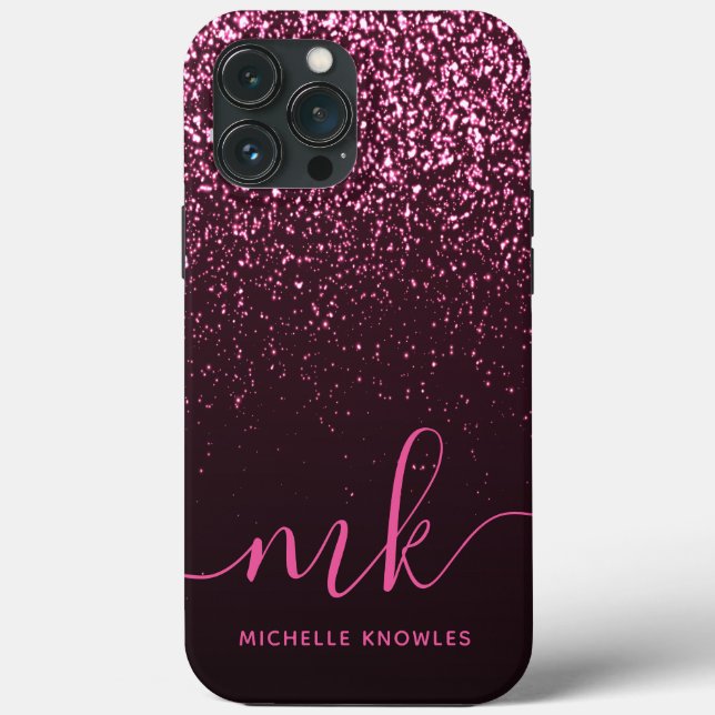 Glam Rose Pink Glitter Modern Script Monogram Name Case-Mate iPhone Case (Back)