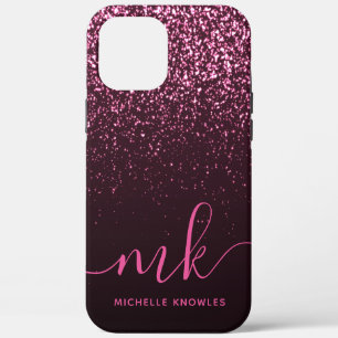 Glam Rose Pink Glitter Modern Script Monogram Name iPhone 12 Pro Max Case
