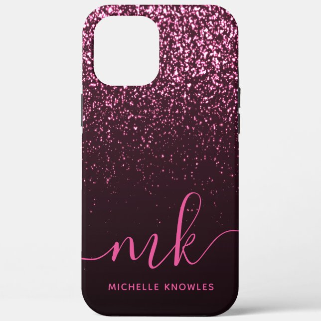 Glam Rose Pink Glitter Modern Script Monogram Name Case-Mate iPhone Case (Back)