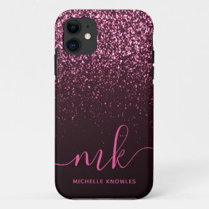 Glam Rose Pink Glitter Modern Script Monogram Name iPhone 11 Case