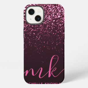 Glam Rose Pink Glitter Modern Script Monogram Name iPhone 13 Case