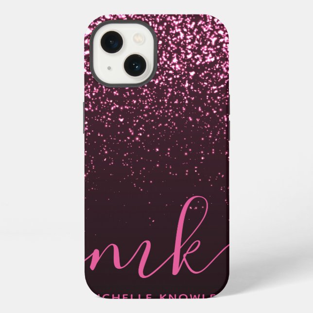 Glam Rose Pink Glitter Modern Script Monogram Name iPhone Case (Back)