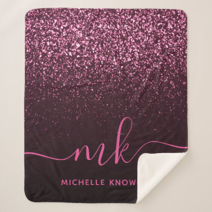 Glam Rose Pink Glitter Modern Script Monogram Name Sherpa Blanket