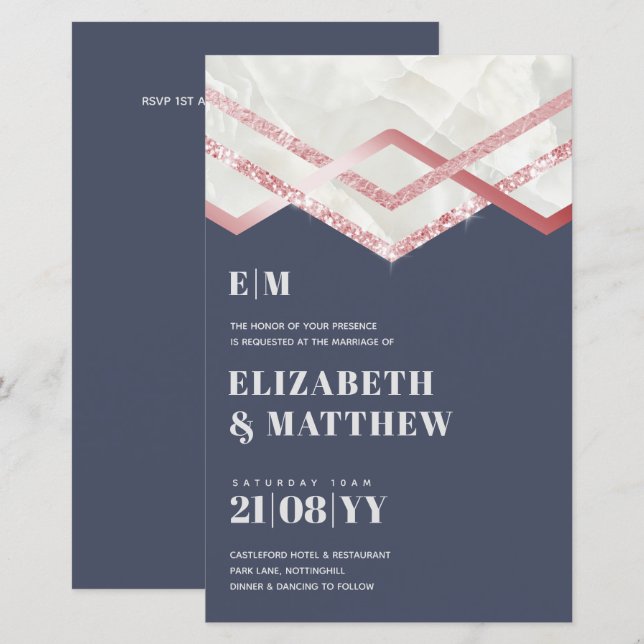 Glam Rosegold DECO Wedding Invite Modern Chic (Front/Back)