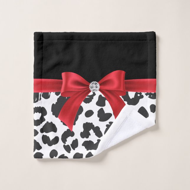 Glam Rouge Bow-Blanc Empreinte de léopard-Noir (Gant de toilette)