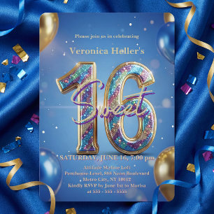 Glam Royal Blue Gold Balloons Sweet 16 Birthday Invitation