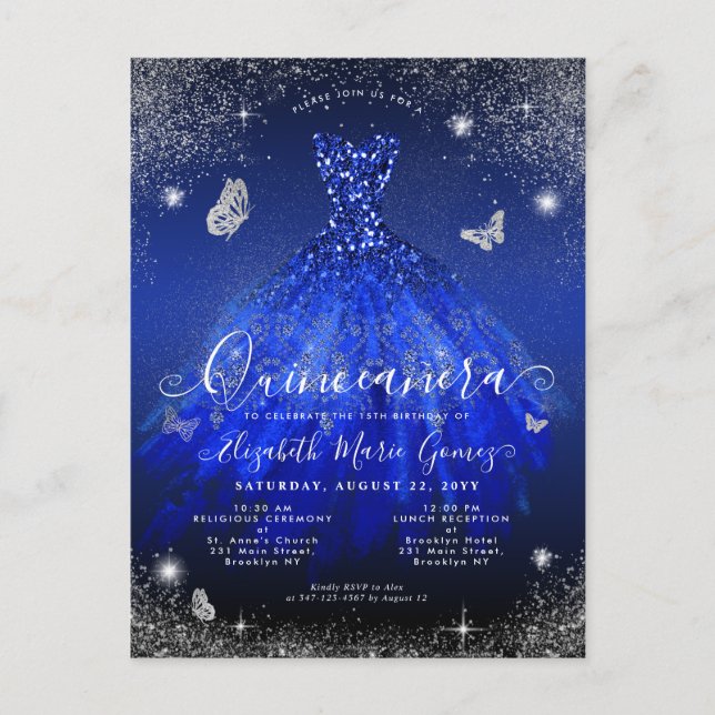 Glam Royal Blue Silver Glitter Gown Quinceanera Postcard (Front)