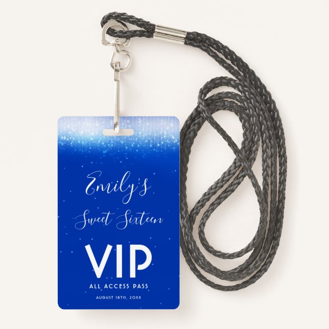 Glam Royal Blue Sweet 16 Invitation VIP Pass Badge (Front with Lanyard)