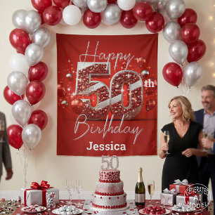 Glam Ruby Red and Silver Sparkle 50th Birthday Tapestry