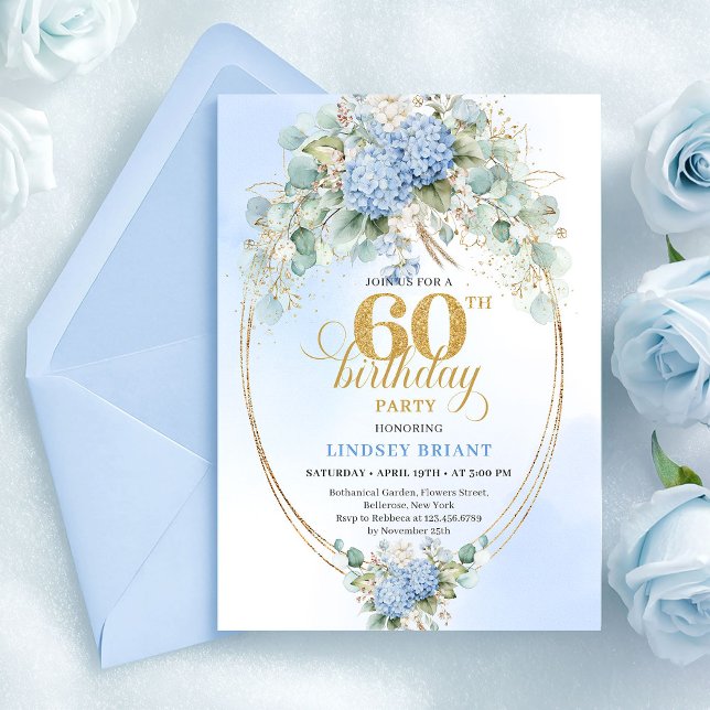 Glam Rustic Soft Blue Flowers Gold 60th Birthday Invitation (Glam Rustic Soft Blue Flowers Gold 60th Birthday)