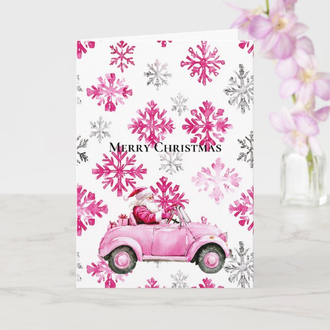 Glam Santa Pink Car Christmas Snowflakes Card (Orchid)