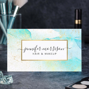 Glam Script Aqua Blue Watercolor Faux Gold Dust Business Card