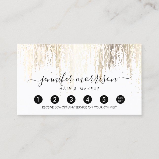 Glam Script Gold Confetti Rain Loyalty Card (Front)