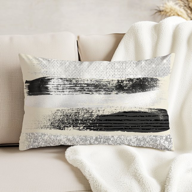 Glam Silver Black White Brushstrokes Ecru Accent Pillow (Creator Uploaded)
