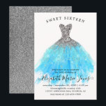 Glam Silver Blue Sparkle Dress Sweet 16th Birthday Invitation<br><div class="desc">Modern Glam Silver Light Baby Blue Glitter Sparkle Watercolor Dress Sweet 16th Birthday Invitation</div>