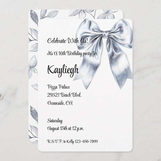 Glam Silver Bow Floral Birthday   Invitation (Front/Back)