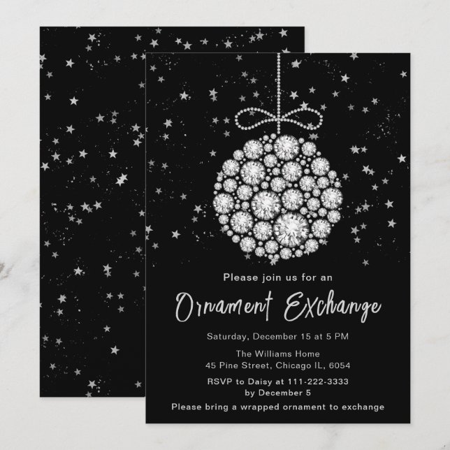Glam Silver Christmas Ornament Exchange Invitation (Front/Back)