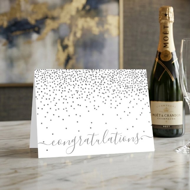 Glam Silver Confetti Script Congratulations Card (Creator Uploaded)