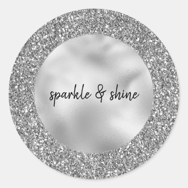 Glam Silver Faux Glitter Classic Round Sticker (Front)