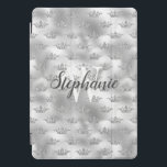 Glam Silver Foil Glitter Crown Pattern Monogram iPad Pro Cover<br><div class="desc">Add a touch of glamour with this chic design,  featuring a faux glitter crown pattern on a faux silver foil background. Personalize it with your initial in white serif font and your name in modern charcoal grey calligraphy script.</div>