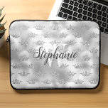 Glam Silver Foil Glitter Crown Pattern Monogram Laptop Sleeve<br><div class="desc">Add a touch of glamour to your laptop with this chic sleeve,  featuring a faux glitter crown pattern on a faux silver foil background. Personalize it with your initial in white serif font and your name in modern charcoal grey calligraphy script.</div>