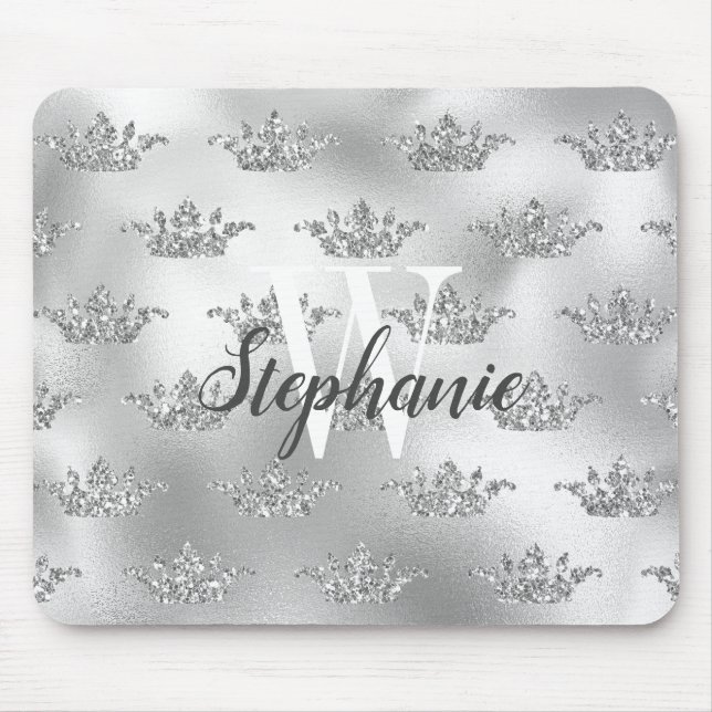 Glam Silver Foil Glitter Crown Pattern Monogram Mouse Pad (Front)