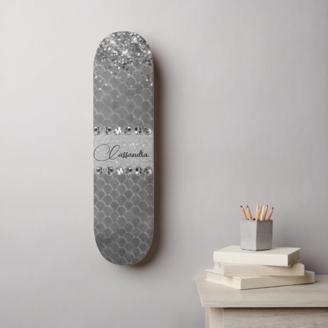 Glam Silver Glitt Diamond Bling Skateboard (Art mural)