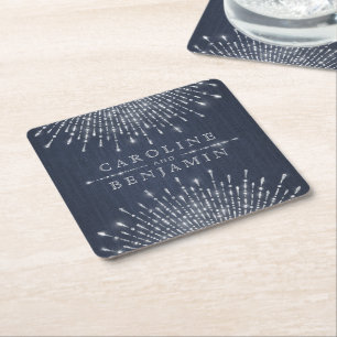 Glam silver glitter deco vintage wedding monogram square paper coaster