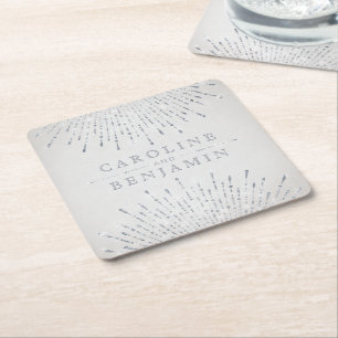 Glam silver glitter deco vintage wedding monogram square paper coaster