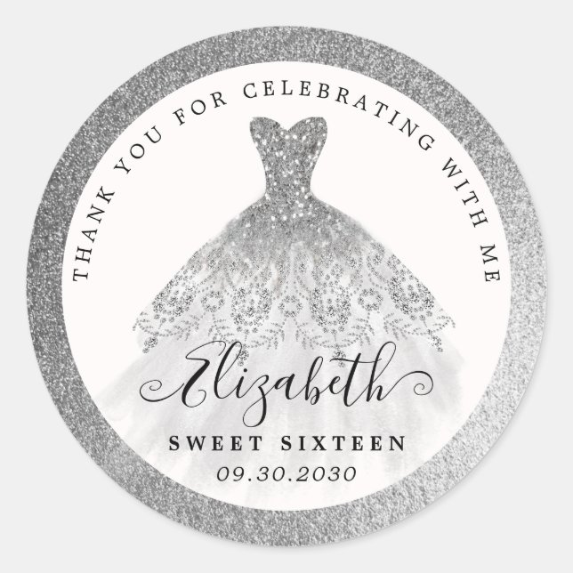 Glam Silver Glitter Dress 16th Birthday Thank You Classic Round Sticker (Front)