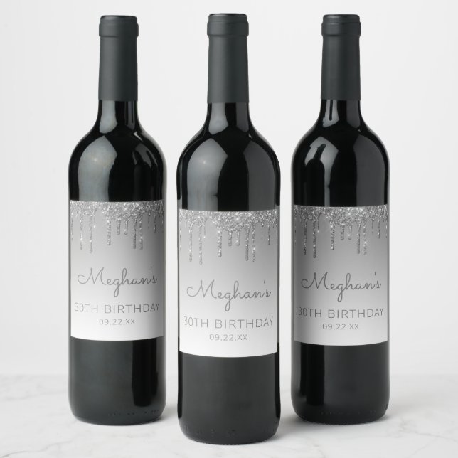 Glam Silver Glitter Drip 30th Birthday Party Wine Label (Bottles)