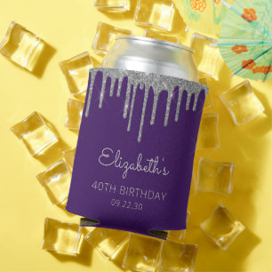Glam Silver Glitter Drip Purple 40th Birthday Can Cooler