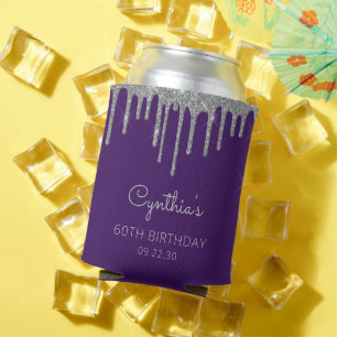 Glam Silver Glitter Drip Purple 60th Birthday Can Cooler