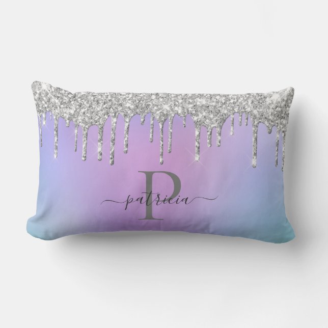 Glam Silver Glitter Drips Elegant Monogram   Lumbar Pillow (Front)